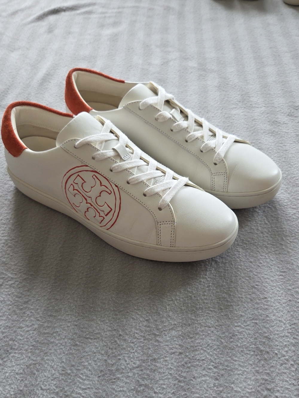 Tory Burch White Leather Sneakers with Orange Heel and Logo